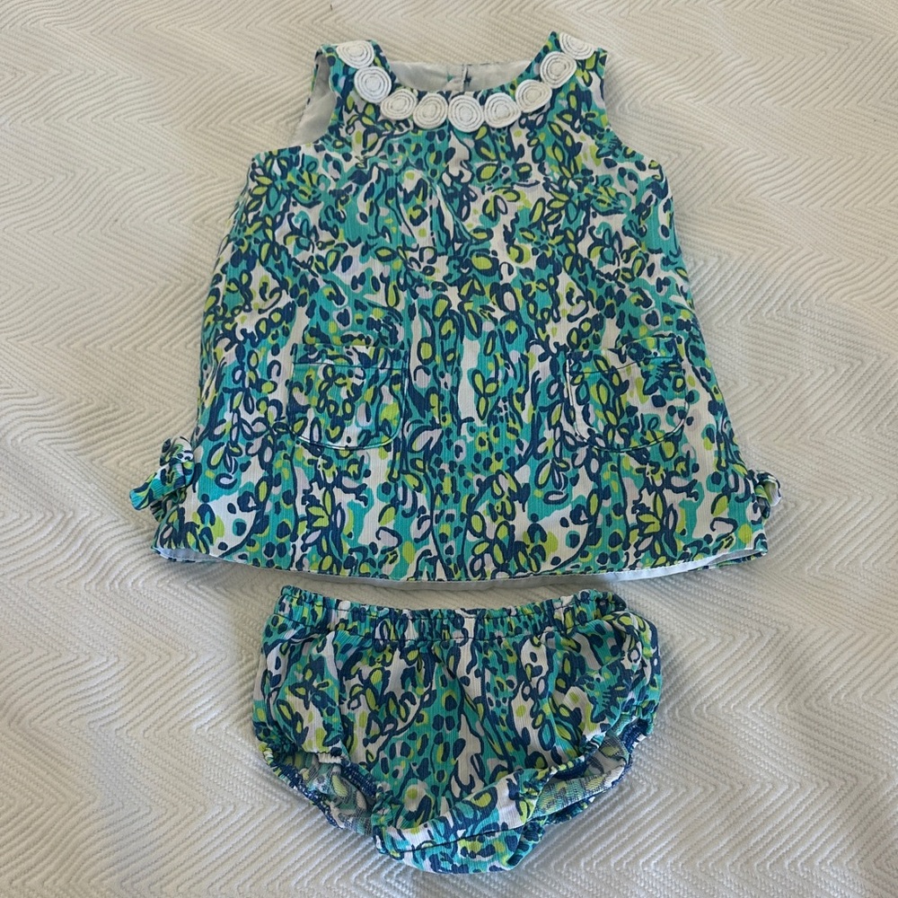 Lilly Pulitzer Pastel Blue & Teal Floral Toddler Swing back top with bloomers